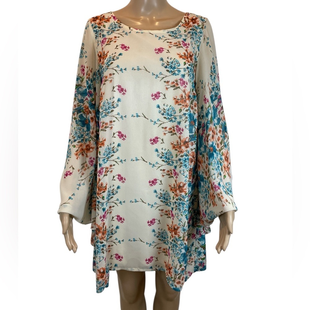 STACCATO Floral Cream Swing Tunic Dress - Teal & Coral Blossoms size M
